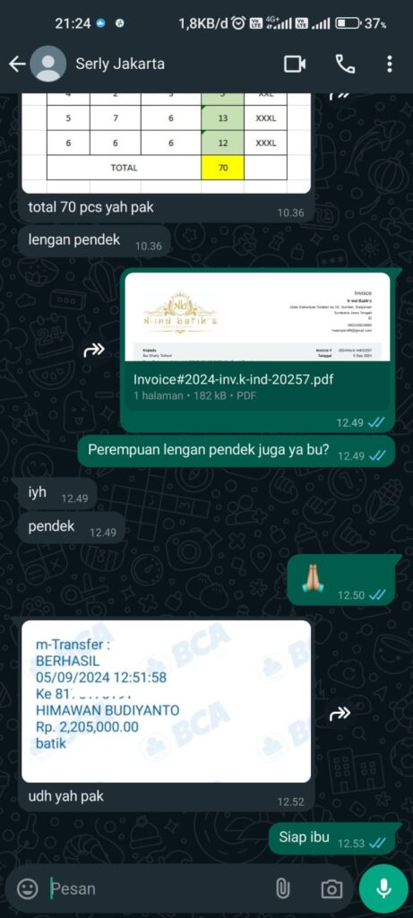 Testimoni pelanggan, bukti kirim pesanan seragam batik di produksibatik.com (K-ind Batik Solo)